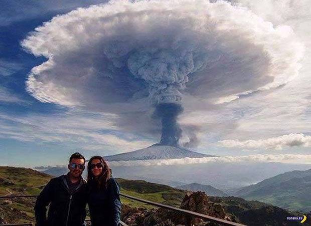 Couple portrait in front of awesome vocals eruption ~ Funny Pics